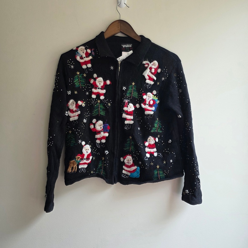Designers Originals Studio Vintage Y2K Santa Christmas Zip Sweater Black Petite